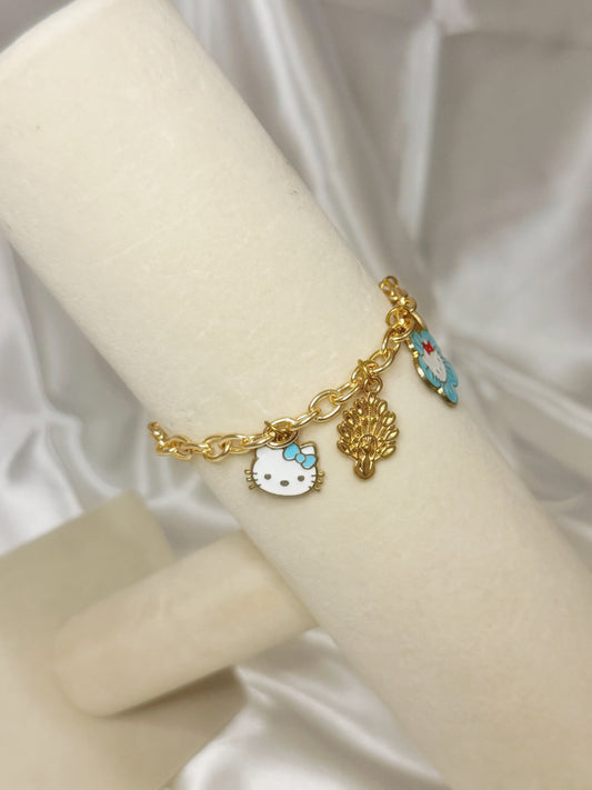 Gold Hello Kitty Blue Flower Charm Bracelet