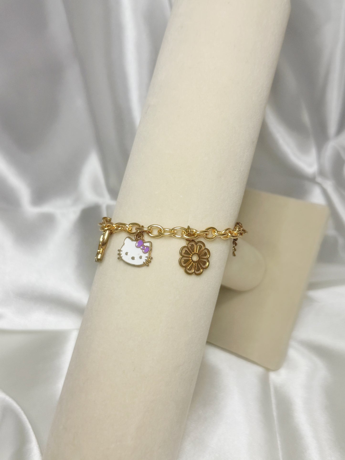 Gold Hello Kitty Purple Flower Charm Bracelet