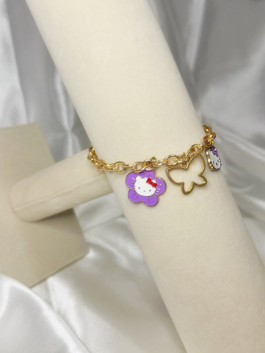 Gold Hello Kitty Purple Flower Charm Bracelet