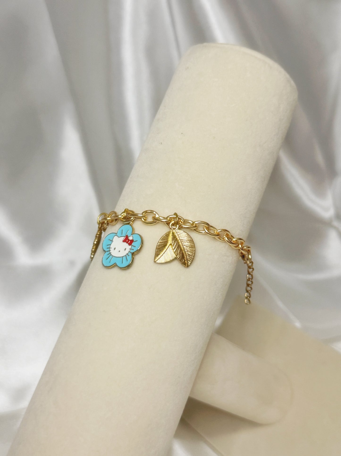 Gold Hello Kitty Blue Flower Charm Bracelet