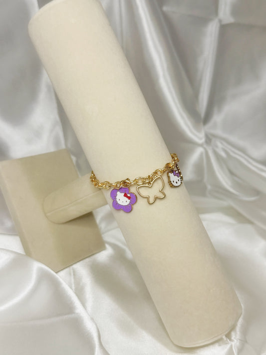 Gold Hello Kitty Purple Flower Charm Bracelet