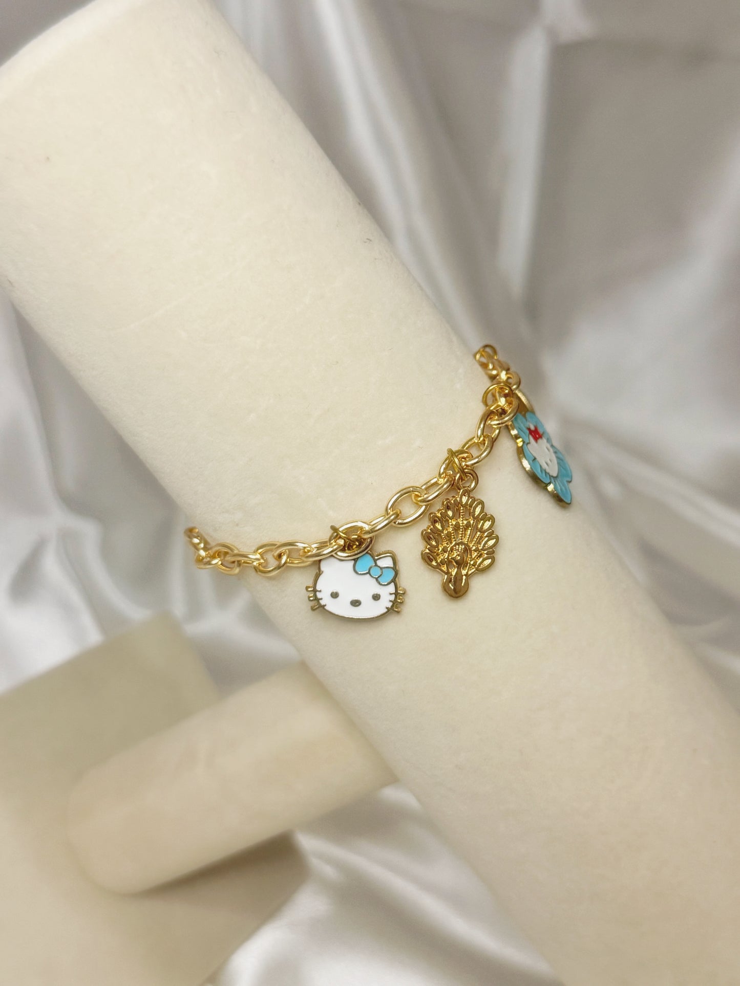 Gold Hello Kitty Blue Flower Charm Bracelet