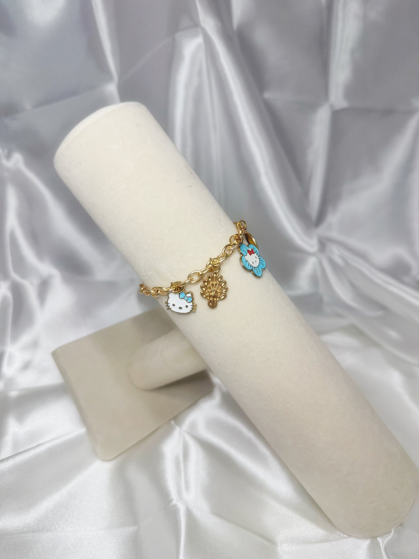 Gold Hello Kitty Blue Flower Charm Bracelet