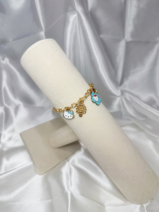 Gold Hello Kitty Blue Flower Charm Bracelet
